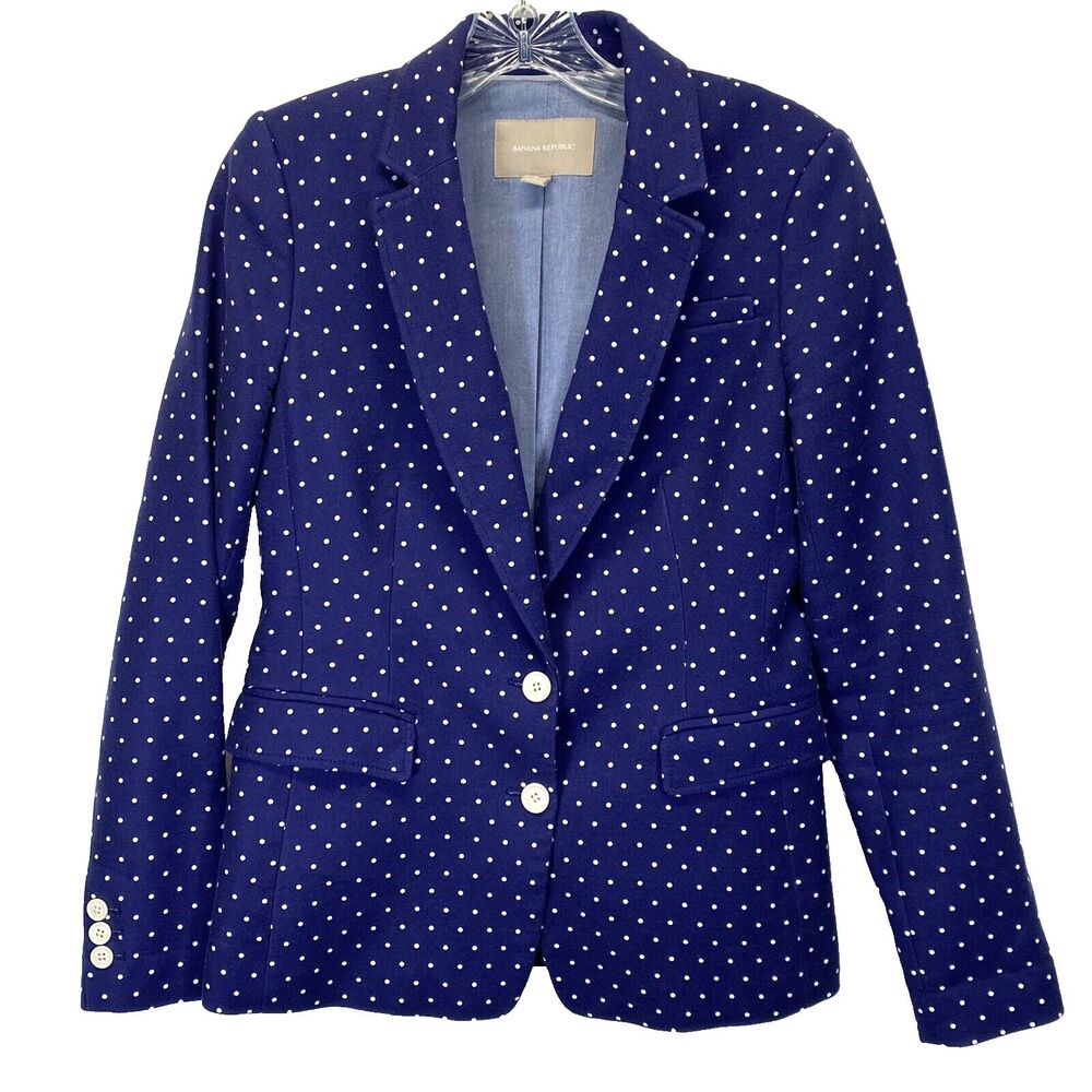 Banana Republic Women's Blazer Jacket Sz 4 Navy Polka Dot Button Front w/defect*